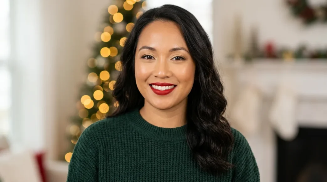 Woman wearing soft gold eyeshadow and red lipstick with glowing skin in holiday setting
