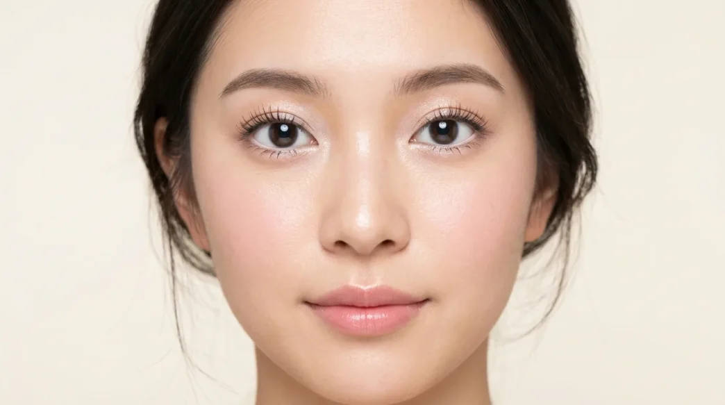 Woman with finished soft doll eye makeup showing round bright eyes and pink lips