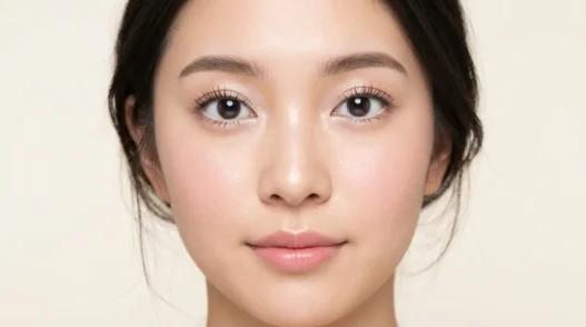 Woman with finished soft doll eye makeup showing round bright eyes and pink lips