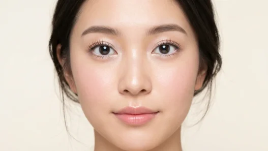 Woman with finished soft doll eye makeup showing round bright eyes and pink lips