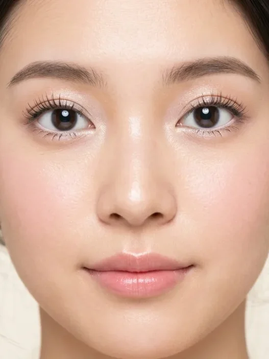 Woman with finished soft doll eye makeup showing round bright eyes and pink lips