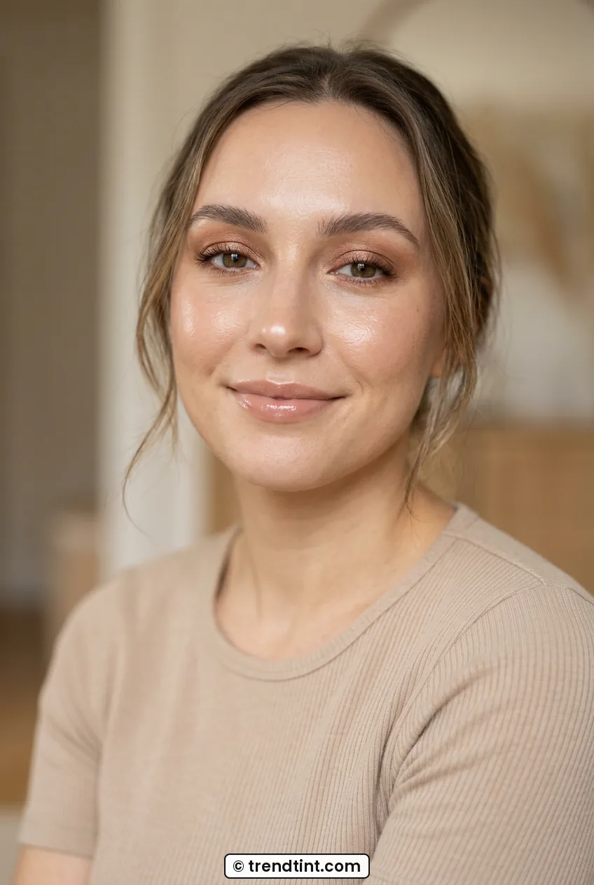 Woman with finished glossy lips and soft bronze eyes smiling softly