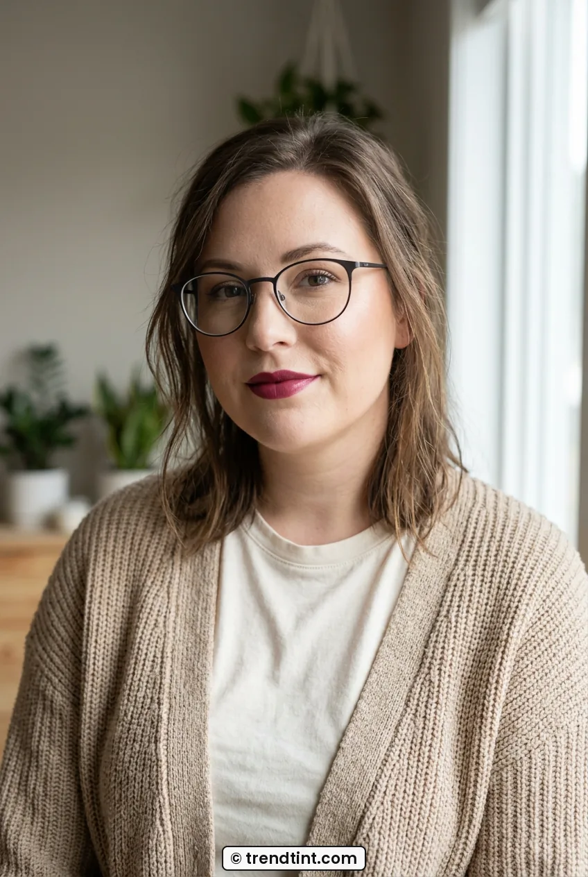 Woman with glasses wearing finished sculpted makeup and berry lips in daylight