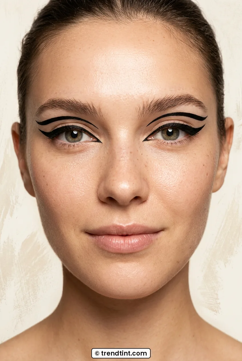 Woman with bold black floating graphic liner and fresh bare skin