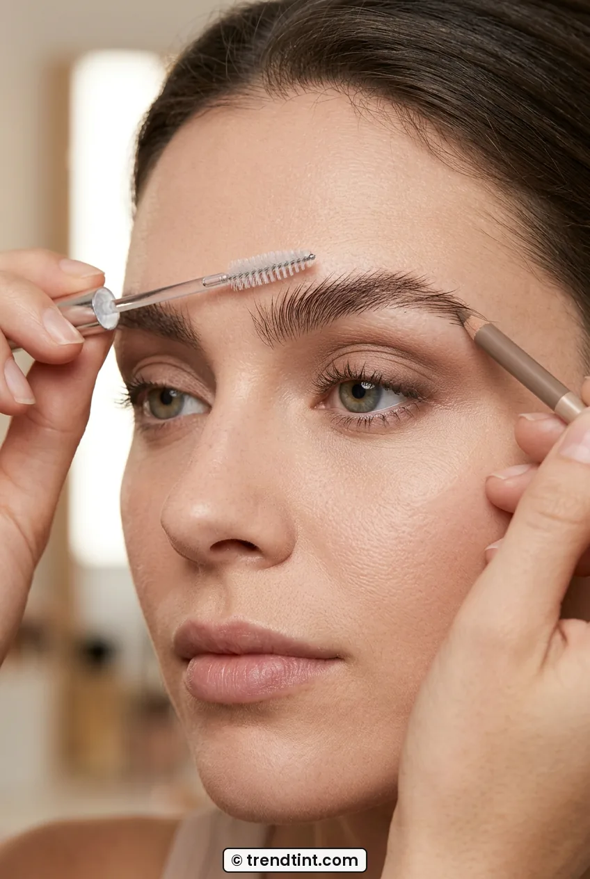 Close view of woman brushing brows up with gel while shaping tail