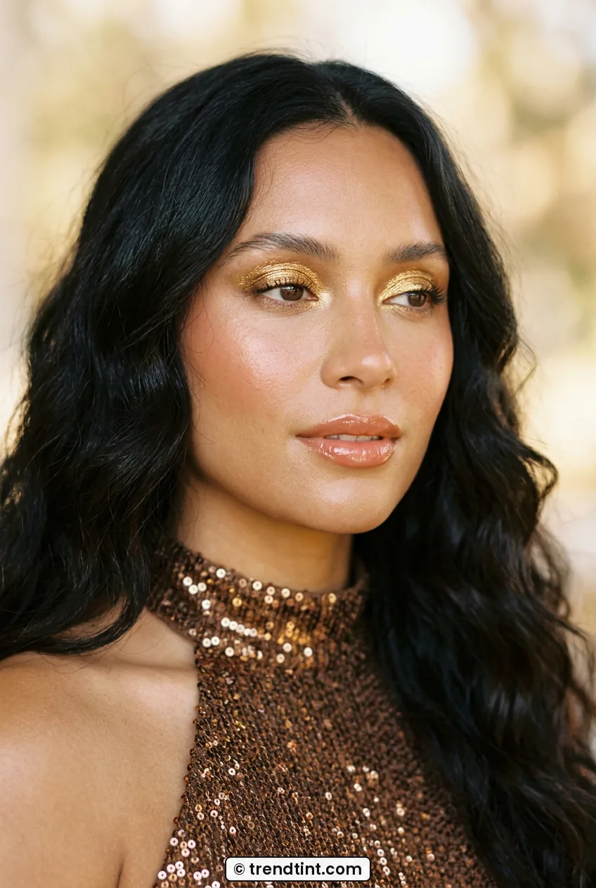 Woman with foiled gold eyeshadow and dewy peachy cheeks wearing bronze sequin top