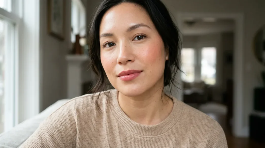 Woman with fresh dewy makeup and satin rose lips in soft window light