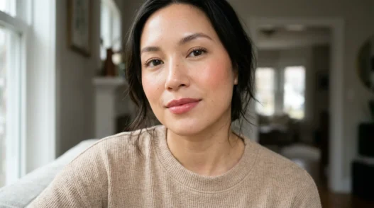 Woman with fresh dewy makeup and satin rose lips in soft window light