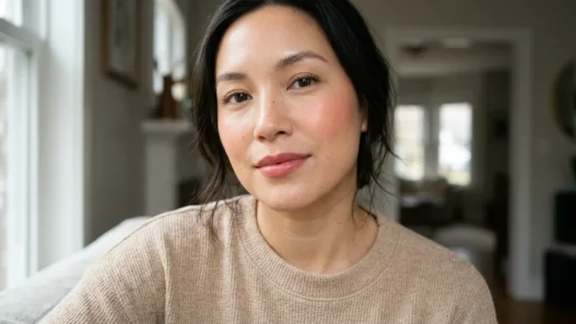 Woman with fresh dewy makeup and satin rose lips in soft window light