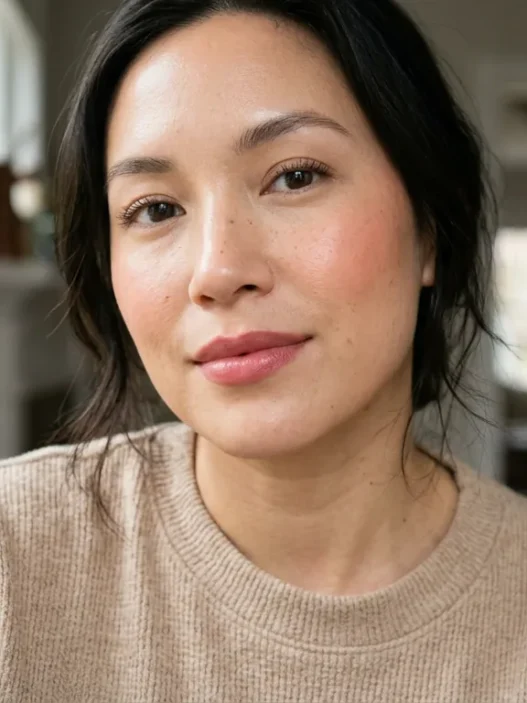 Woman with fresh dewy makeup and satin rose lips in soft window light