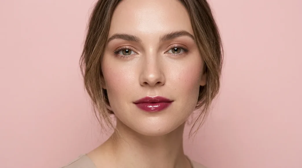 Woman with fresh natural glam makeup featuring dewy skin and glossy berry lips on pink background