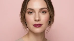 Woman with fresh natural glam makeup featuring dewy skin and glossy berry lips on pink background