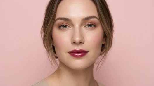 Woman with fresh natural glam makeup featuring dewy skin and glossy berry lips on pink background