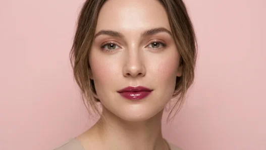 Woman with fresh natural glam makeup featuring dewy skin and glossy berry lips on pink background