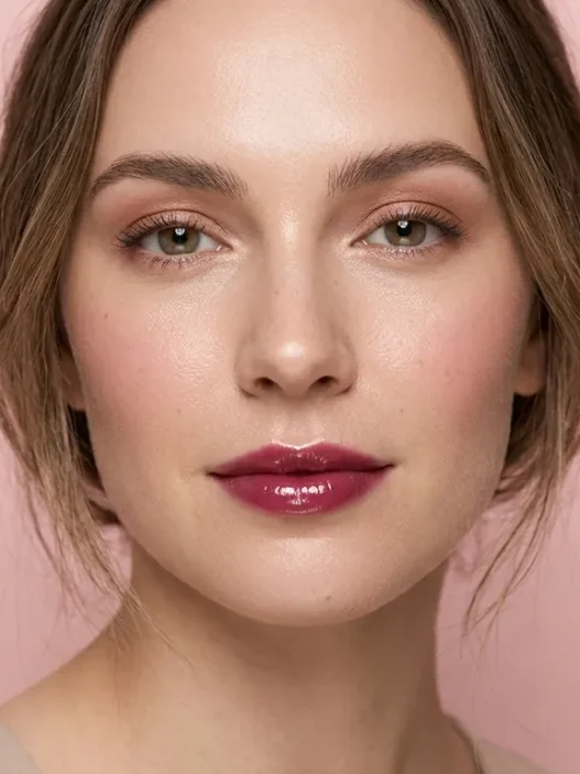 Woman with fresh natural glam makeup featuring dewy skin and glossy berry lips on pink background