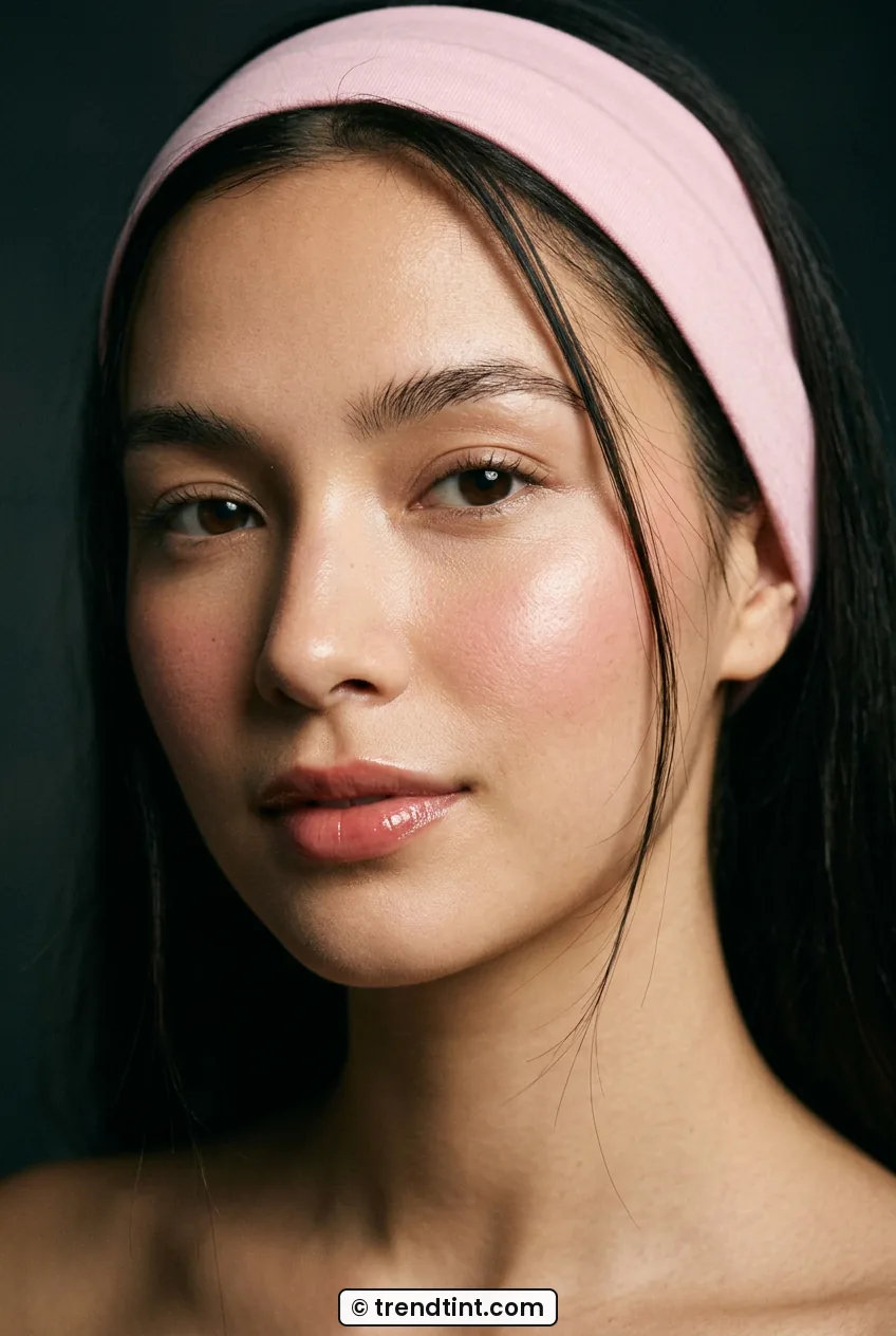 Woman with pulled back dark hair showing sheer skin tint and cream blush with glossy lips