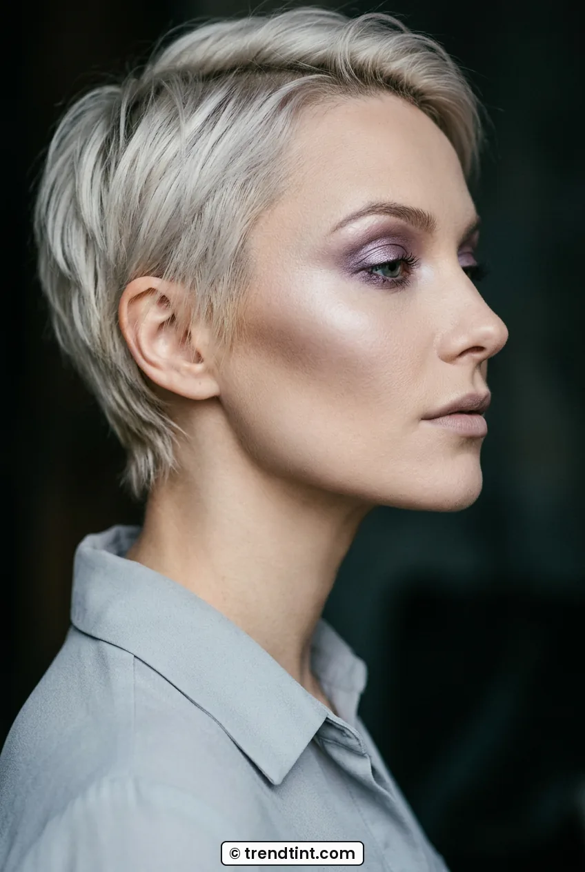Woman with short pixie cut wearing frosted plum eyeshadow and cool sculpted cheeks