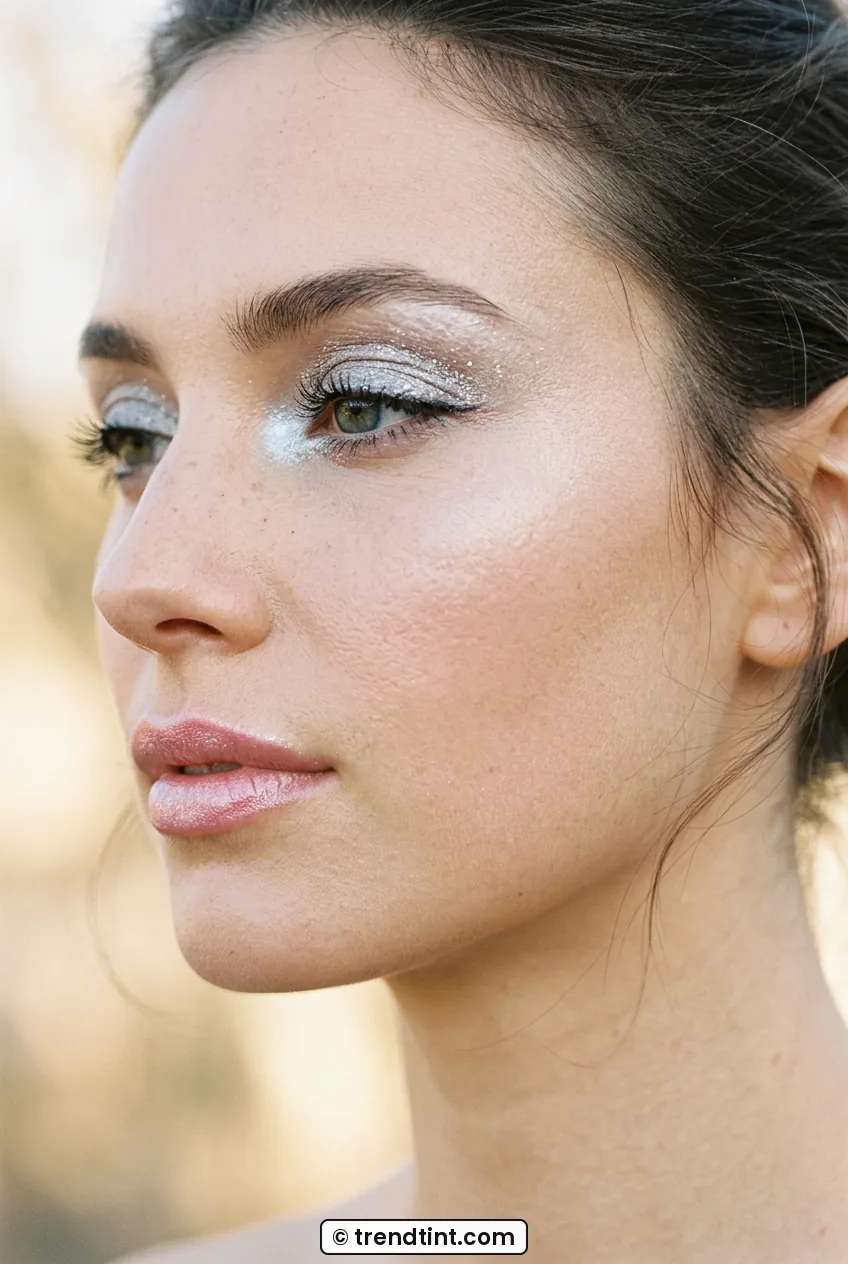 Woman in side profile with frosted silver eyeshadow and bright inner corner