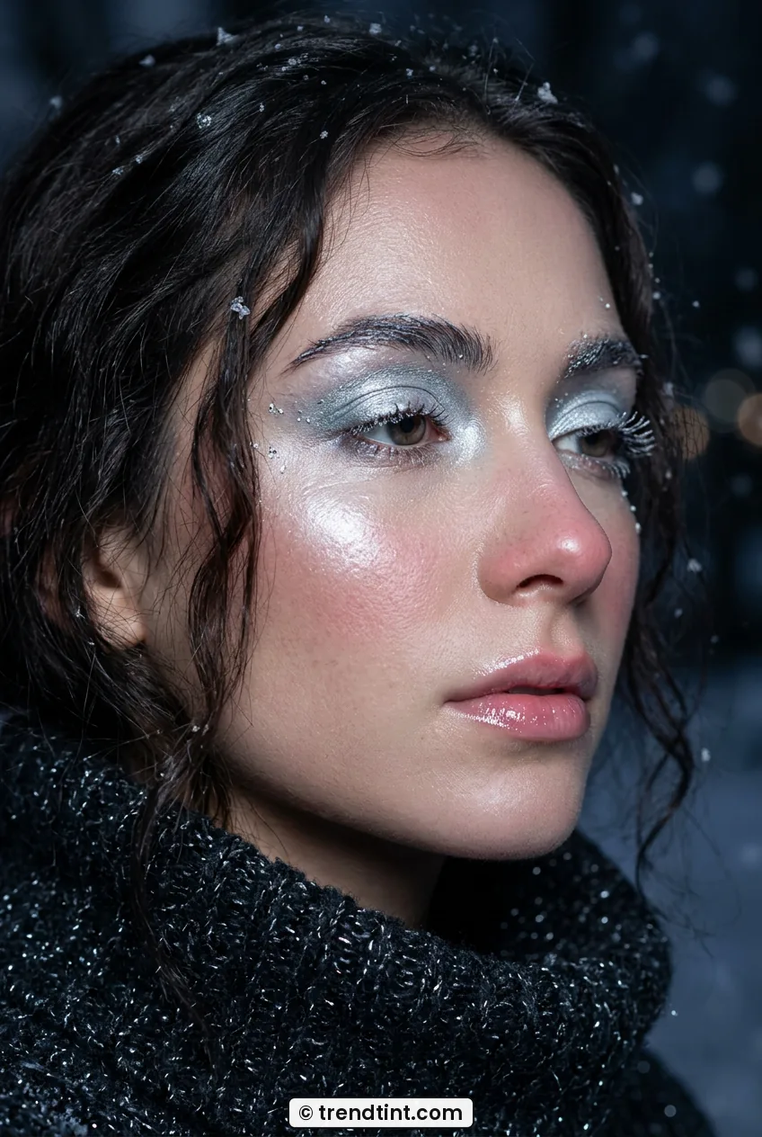 Woman with frosty silver eyeshadow and glossy pink lips in soft light