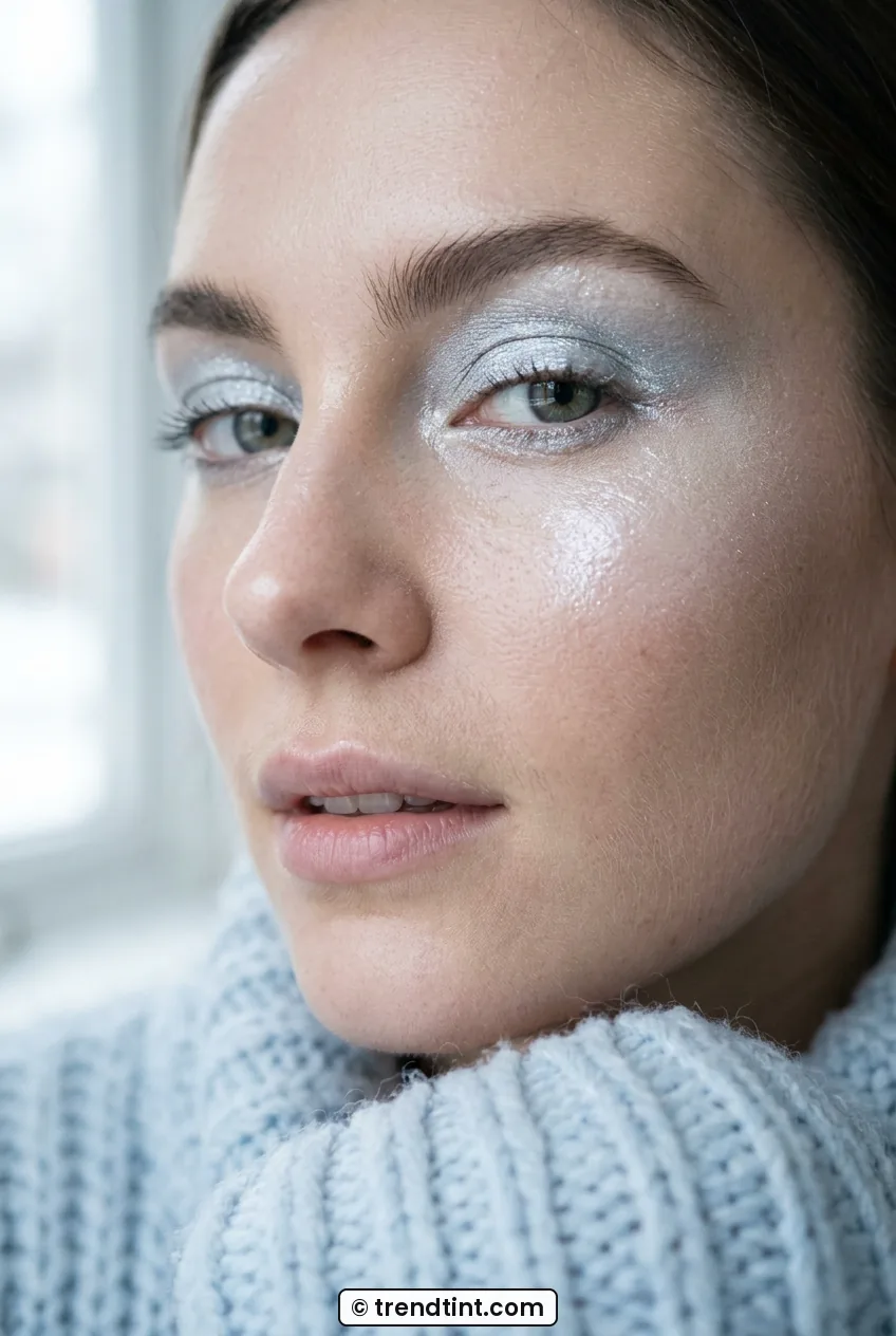 Close-up of woman with icy silver eyeshadow and glassy highlight