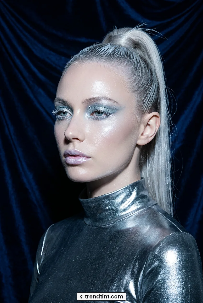 Woman with icy silver eyeshadow and glass skin and sleek ponytail in studio light