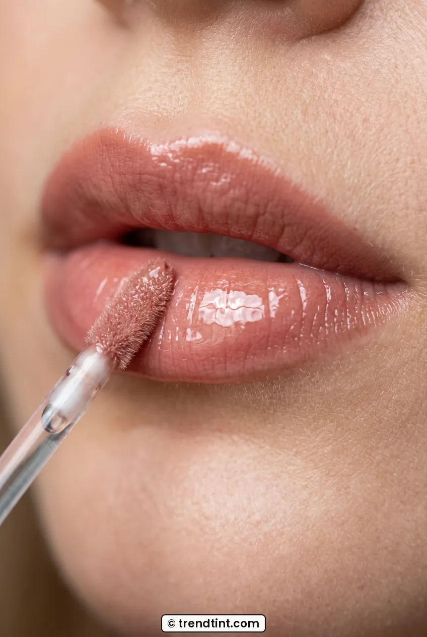 Macro close-up of gloss wand applying clear shine over tinted lips