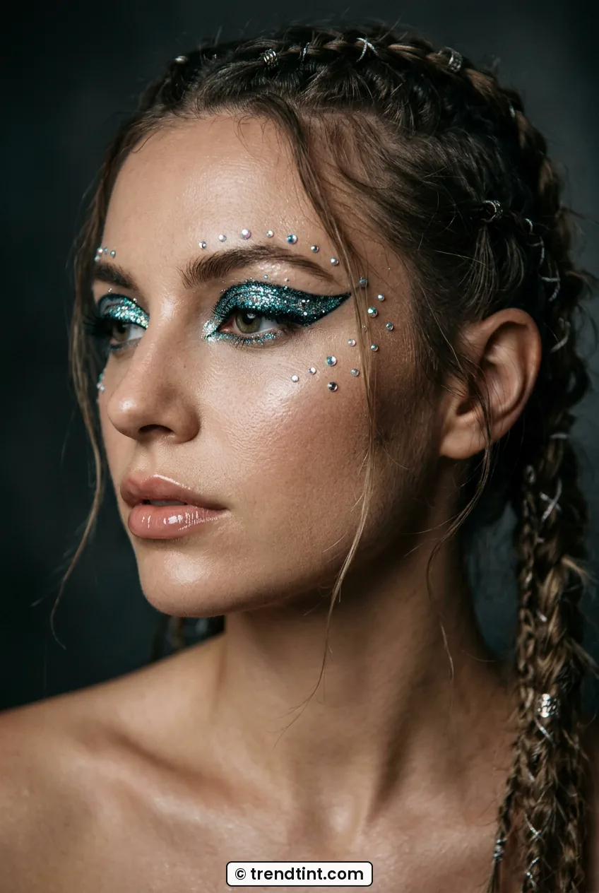 Woman with glitter eyeliner and face gems in bold festival makeup side view