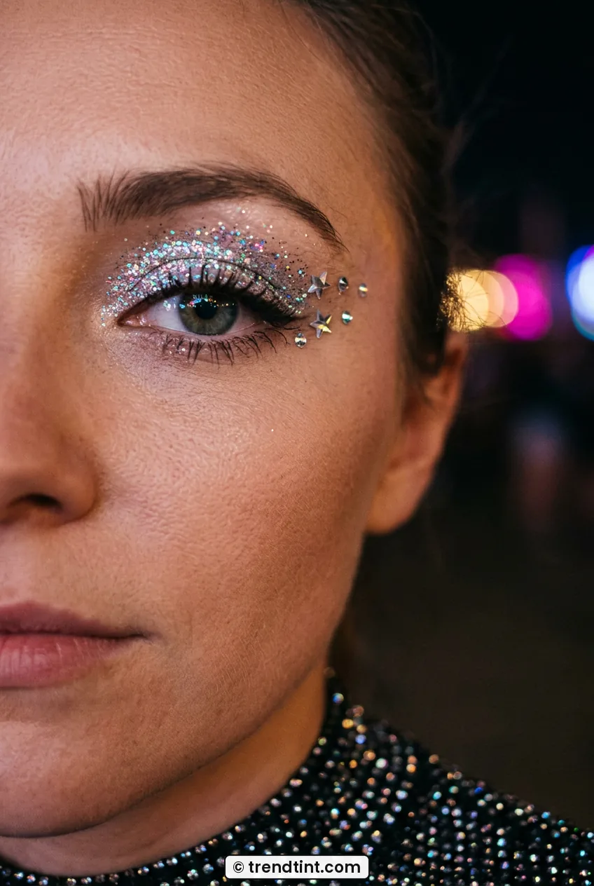 Extreme close-up of woman with holographic glitter lids and gems