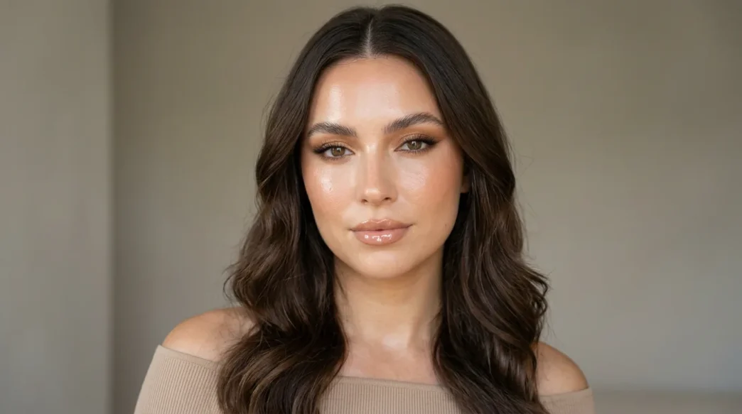 Woman with glassy dewy skin and mirror-shine nude lips in soft daylight