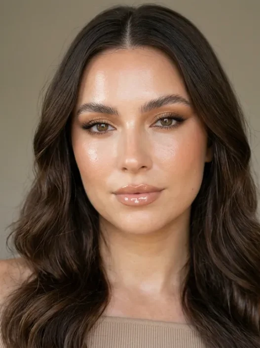 Woman with glassy dewy skin and mirror-shine nude lips in soft daylight
