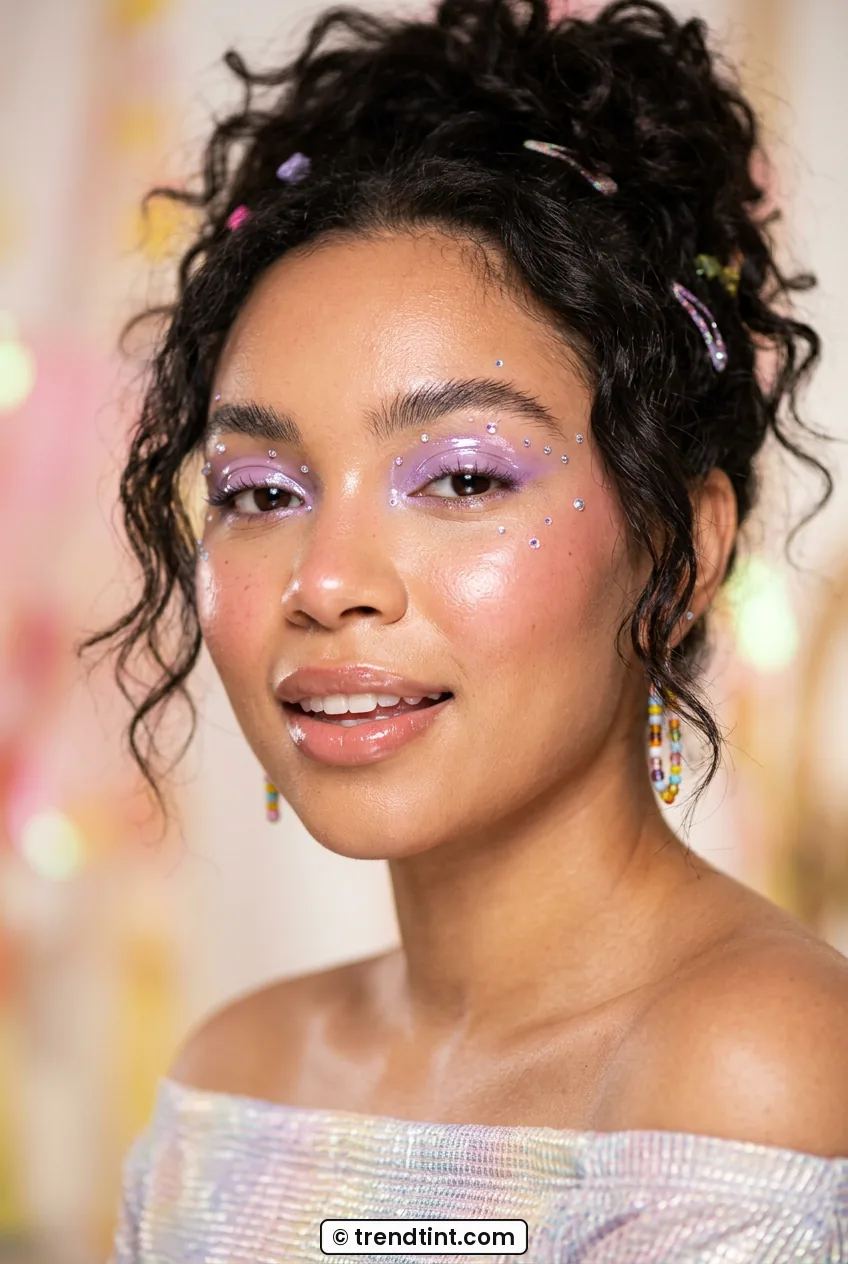 Woman with glossy lilac lids and glass-like highlighted skin close-up