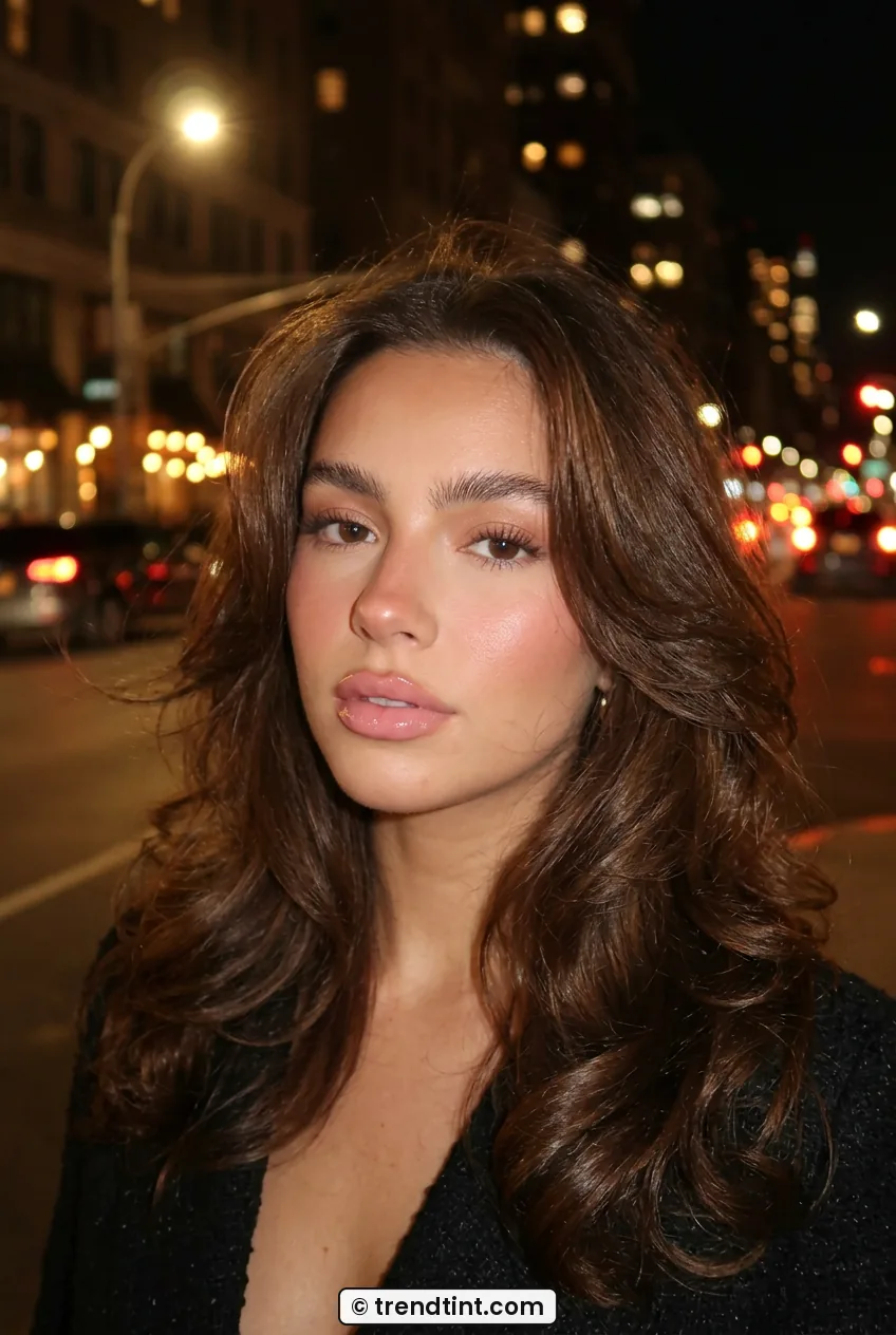 Woman with overlined glossy lips and fluffy brows with bouncy blonde hair at night
