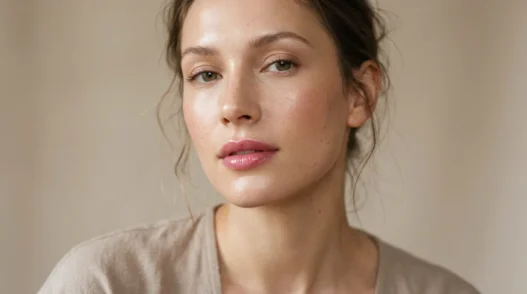 Woman with glossy rose-pink lips and dewy skin in soft beauty light