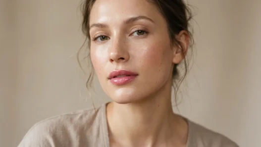 Woman with glossy rose-pink lips and dewy skin in soft beauty light