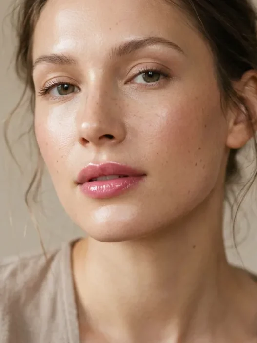 Woman with glossy rose-pink lips and dewy skin in soft beauty light