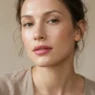 Woman with glossy rose-pink lips and dewy skin in soft beauty light