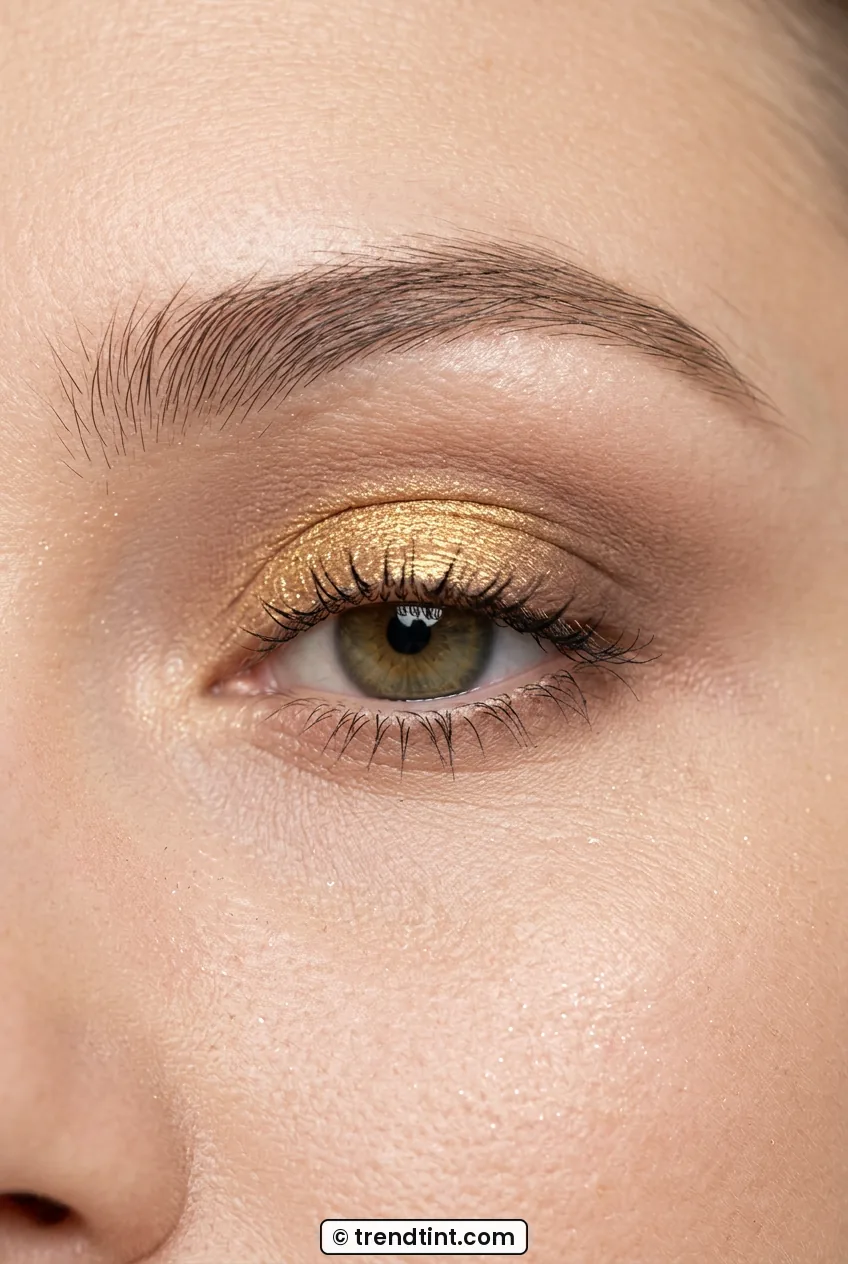 Close-up of woman eye with gold shimmer on lid and brown blend in crease