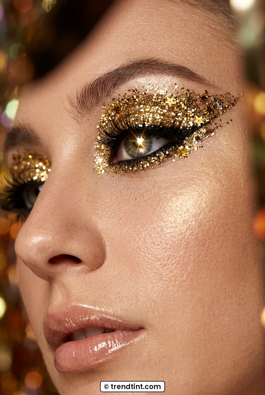 Woman with gold glitter eyeshadow and glossy nude lips catching festival light
