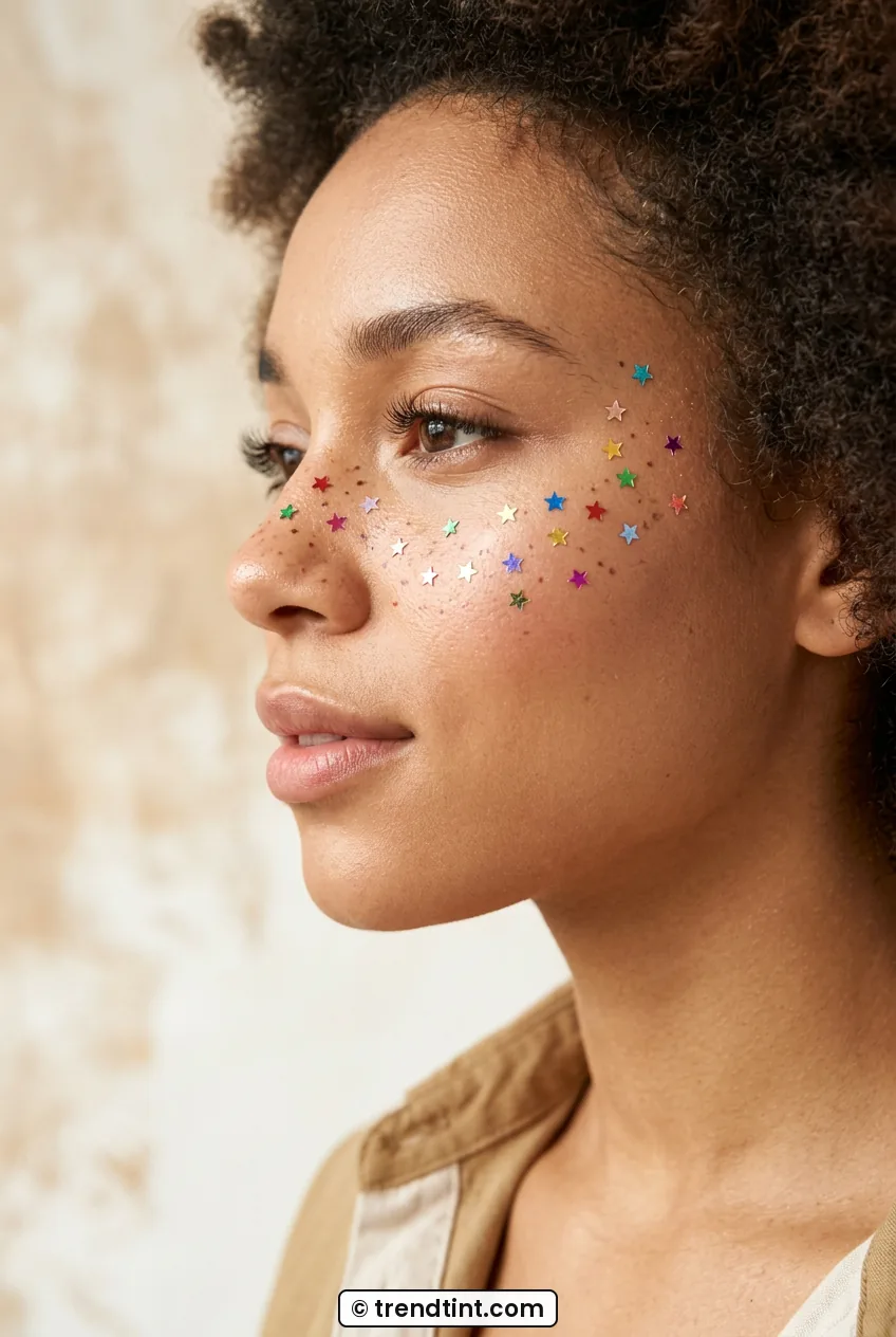 Woman with small star decals across nose and temples with dewy skin