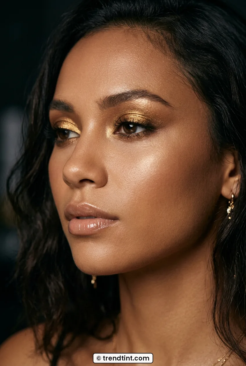 Woman with bronzed glowing skin and molten gold eyeshadow look