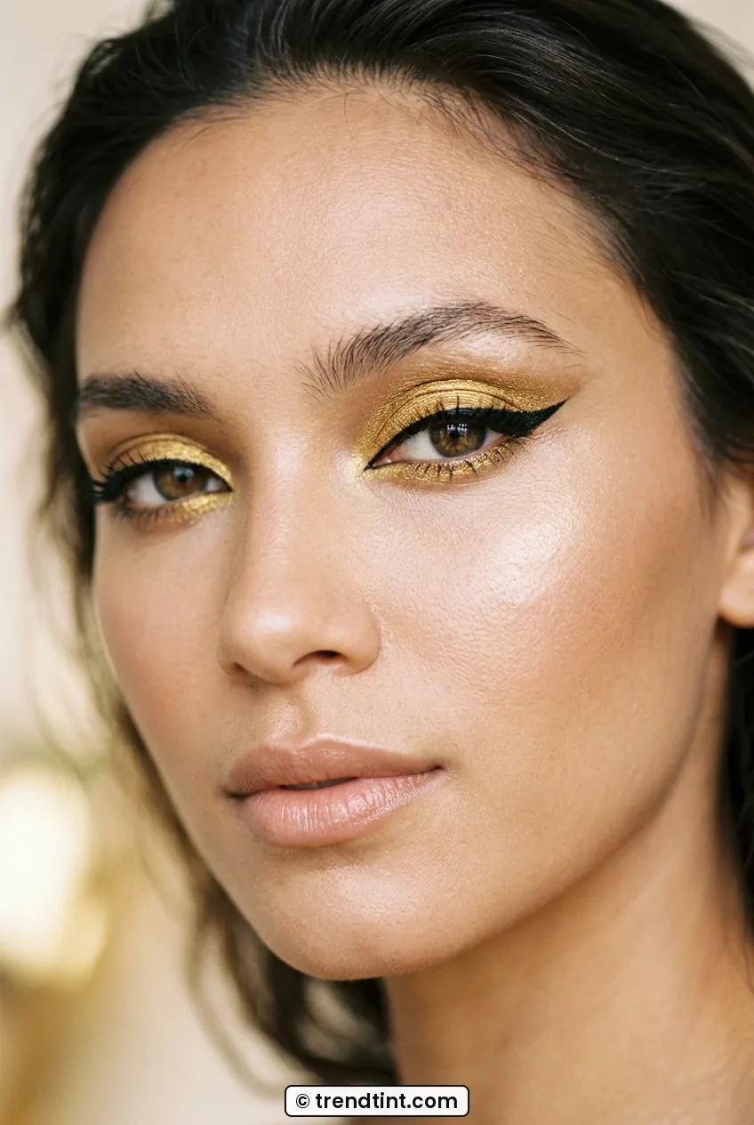 Woman with sharp black cat eye and molten gold eyeshadow on lids