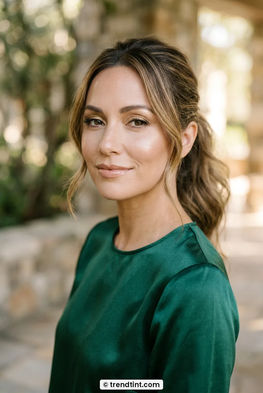 Woman with golden glossy eye makeup and nude lips wearing emerald top