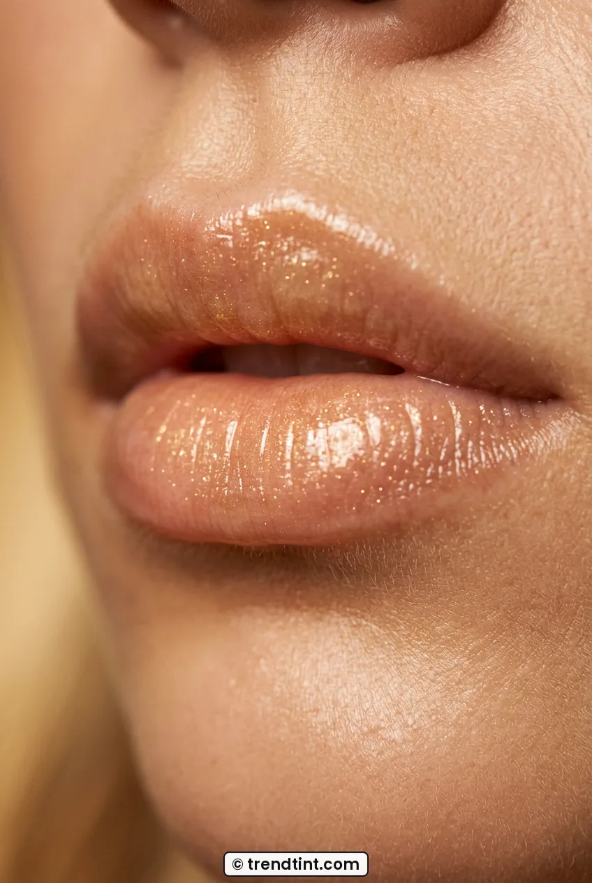 Close macro of woman wearing warm golden balm with luminous hydrated glow