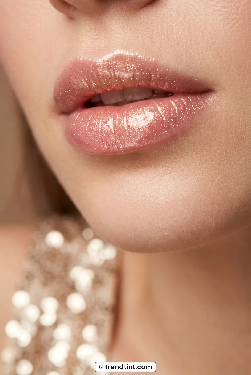 Close-up of woman with golden-rose shimmer gloss catching light