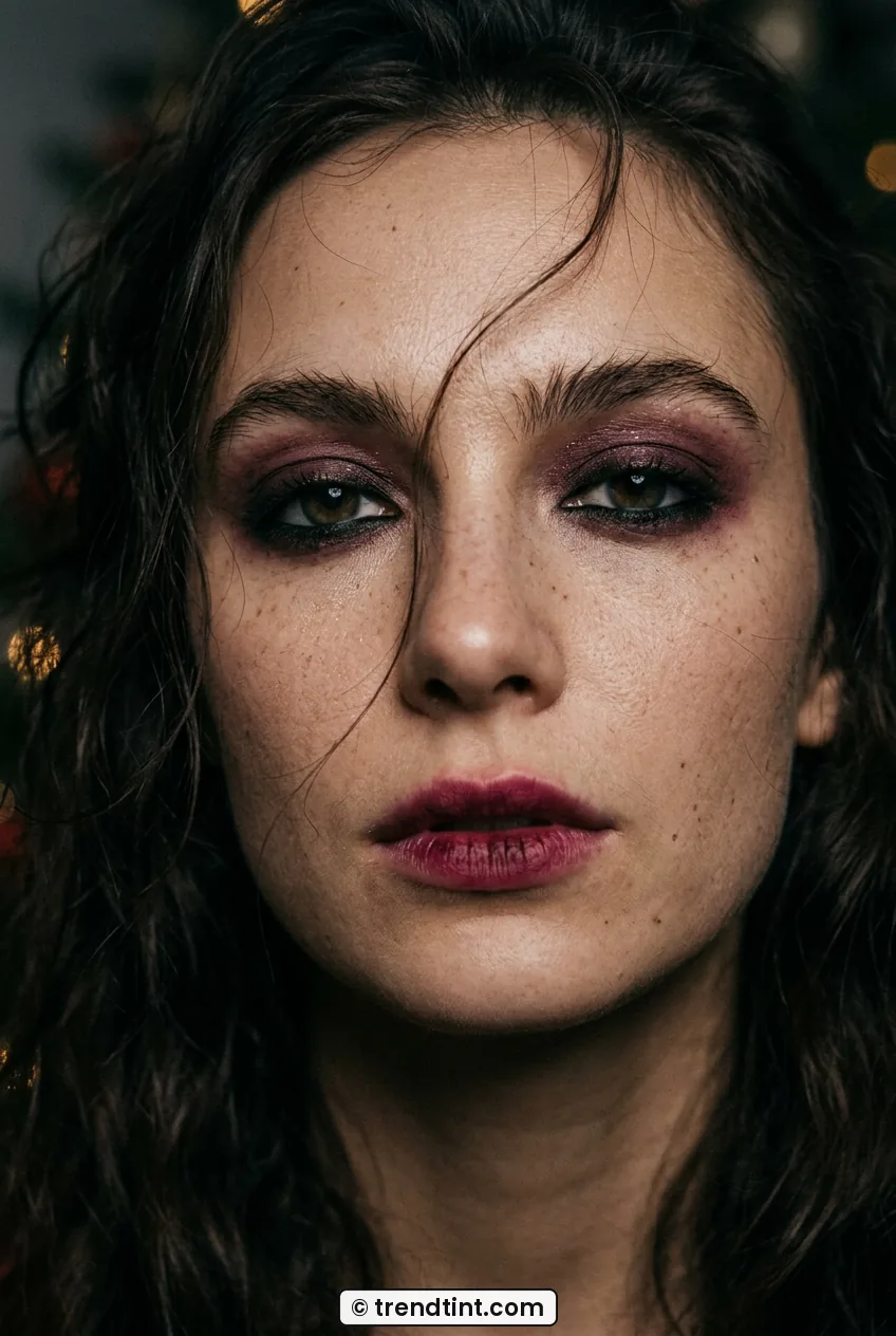Woman with smudged grunge eyeliner and bitten berry lip up close