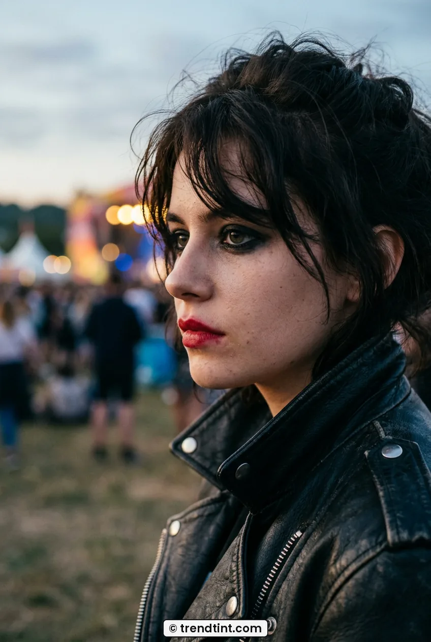Woman in side profile with smudged kohl liner and cherry lips