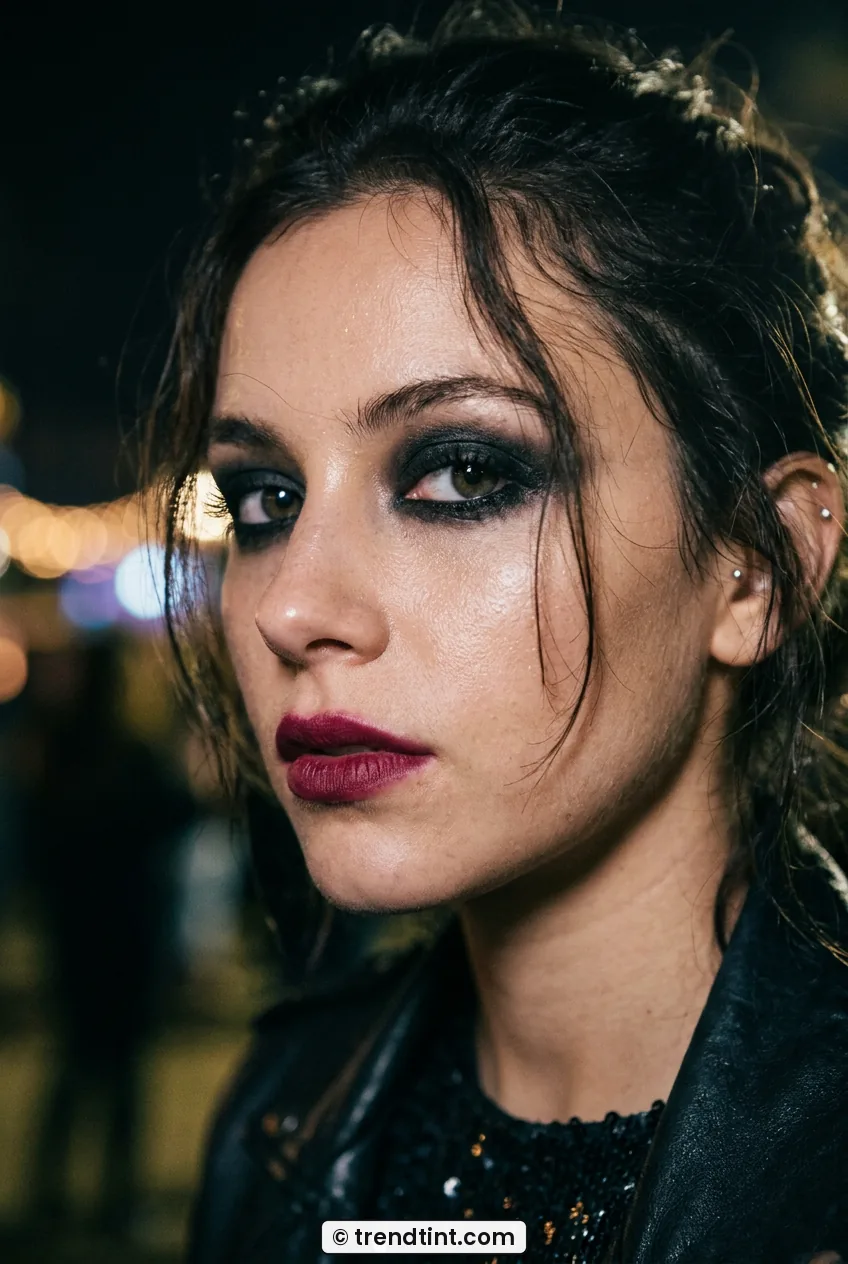 Woman with grunge smudged kohl eyeliner and smoky charcoal eyeshadow close-up