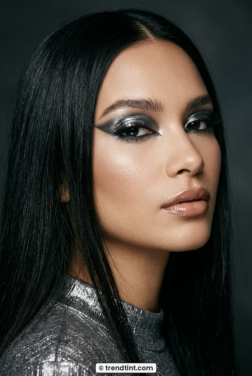 Woman with long black hair wearing chrome gunmetal siren eyes and glossy nude lips
