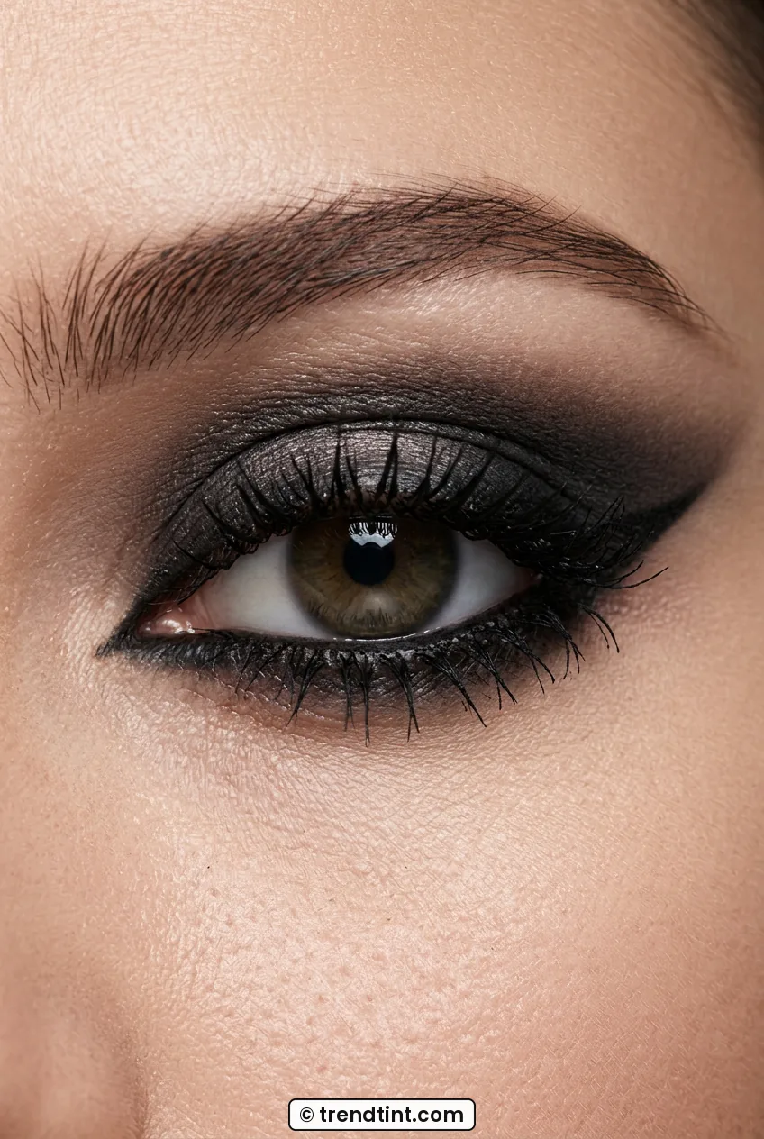 Woman eye close-up with heavy smoky black kohl liner blended around eye