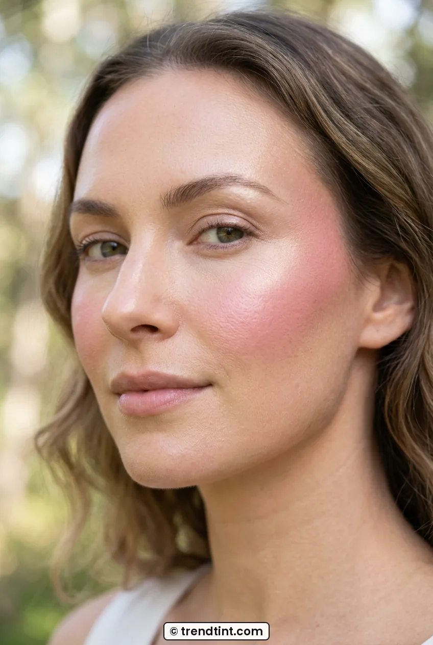 Woman showing high pink blush swept over cheekbone with luminous glow